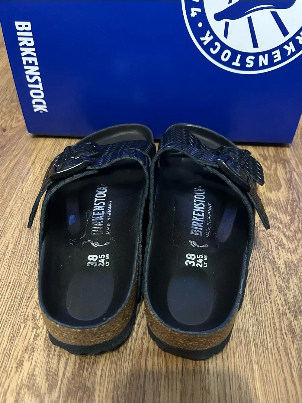 BIRKENSTOCK Arizona embossed black leather gladiator sandals slippers shoes 38
